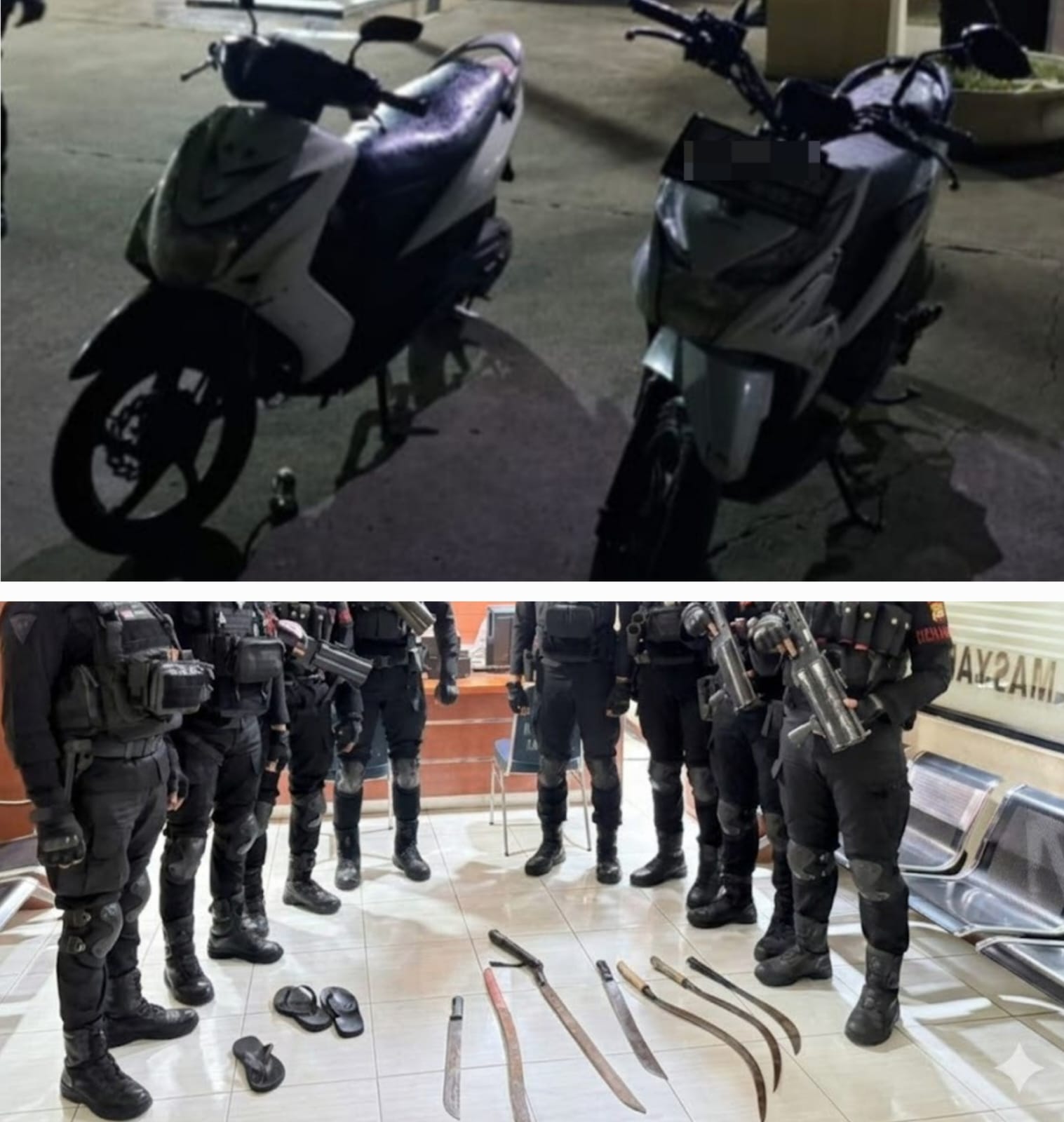 Petugas Brimob Polda Metro Jaya mengamankan remaja beserta senjata tajam saat patroli dini hari di Cikarang Utara.