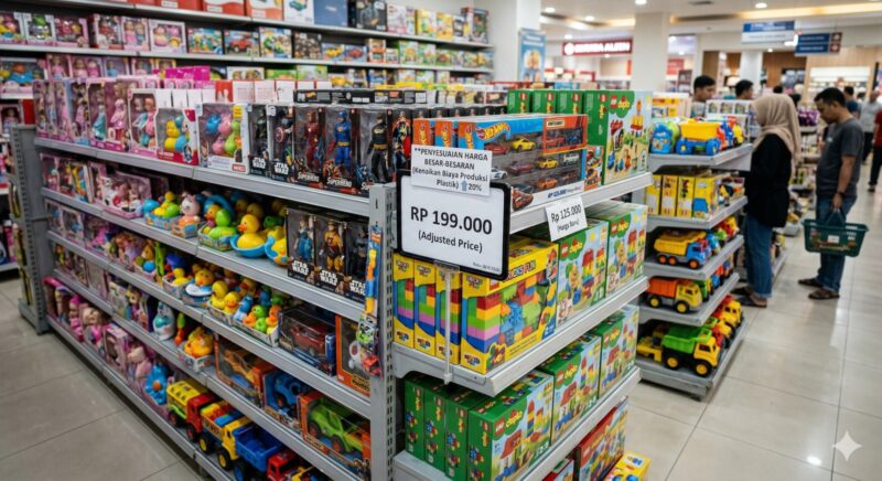 Deretan mainan berbahan plastik di salah satu pusat perbelanjaan, Rabu (8/4/2026). Konflik yang melibatkan Iran, Israel, dan Amerika Serikat telah memicu lonjakan harga minyak mentah global yang berdampak pada kenaikan biaya produksi plastik hingga 20 persen, membuat sektor industri mainan harus melakukan penyesuaian harga secara besar-besaran. (Foto: Ist/Ekoin)