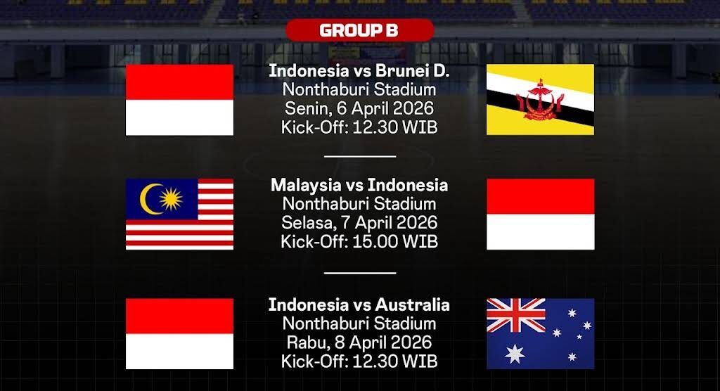 Grafis jadwal pertandingan Tim Nasional (Timnas) Futsal Indonesia pada babak penyisihan Grup B ajang ASEAN Futsal Championship 2026 yang akan berlangsung di Thailand. Skuad Garuda dijadwalkan melakoni laga perdana melawan Brunei Darussalam hari ini, Senin (6/4/2026)