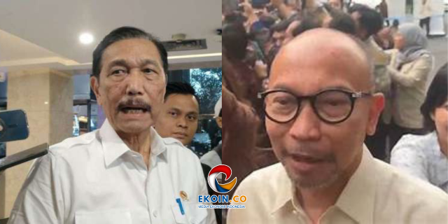 Two men in white shirts speak to reporters in a split-screen montage, press gathering in the background, with an EKOOIN.CO logo at the center.