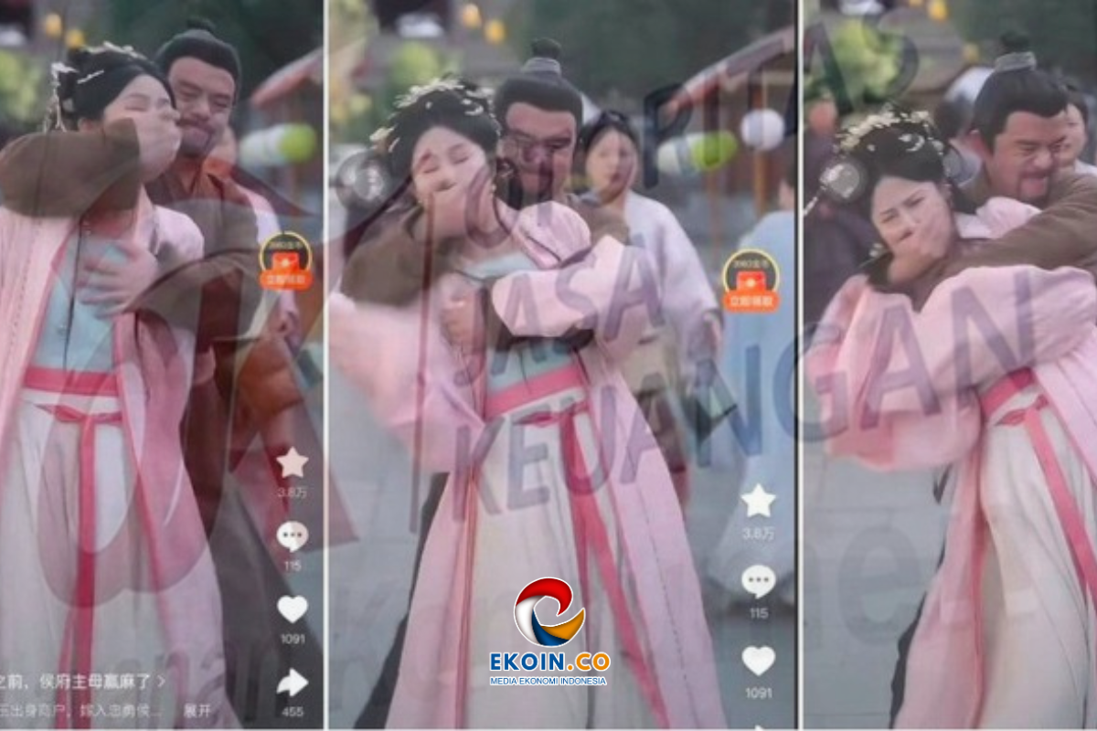Couple in traditional pink robes embraces in three frames of a social media video collage, watermark and UI elements visible in the foreground.
