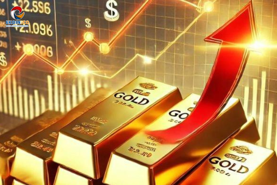 Gold bars stacked with a red upward arrow indicating rising prices and financial charts in the background, conveying a gold market surge.