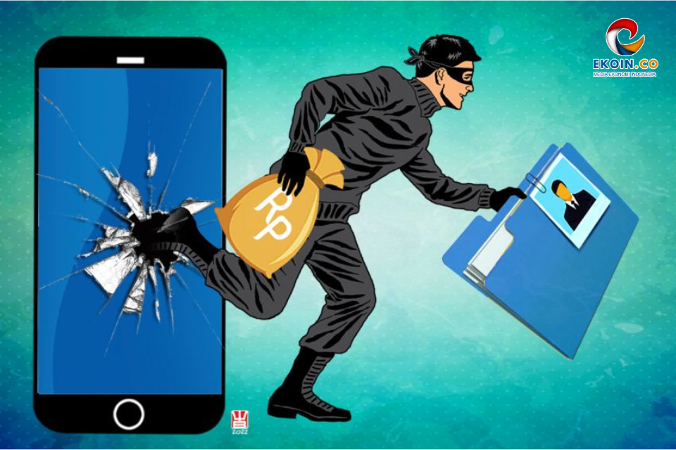 Masked thief lunges from a cracked smartphone toward a blue wallet, symbolizing online financial theft or cybercrime on mobile devices.