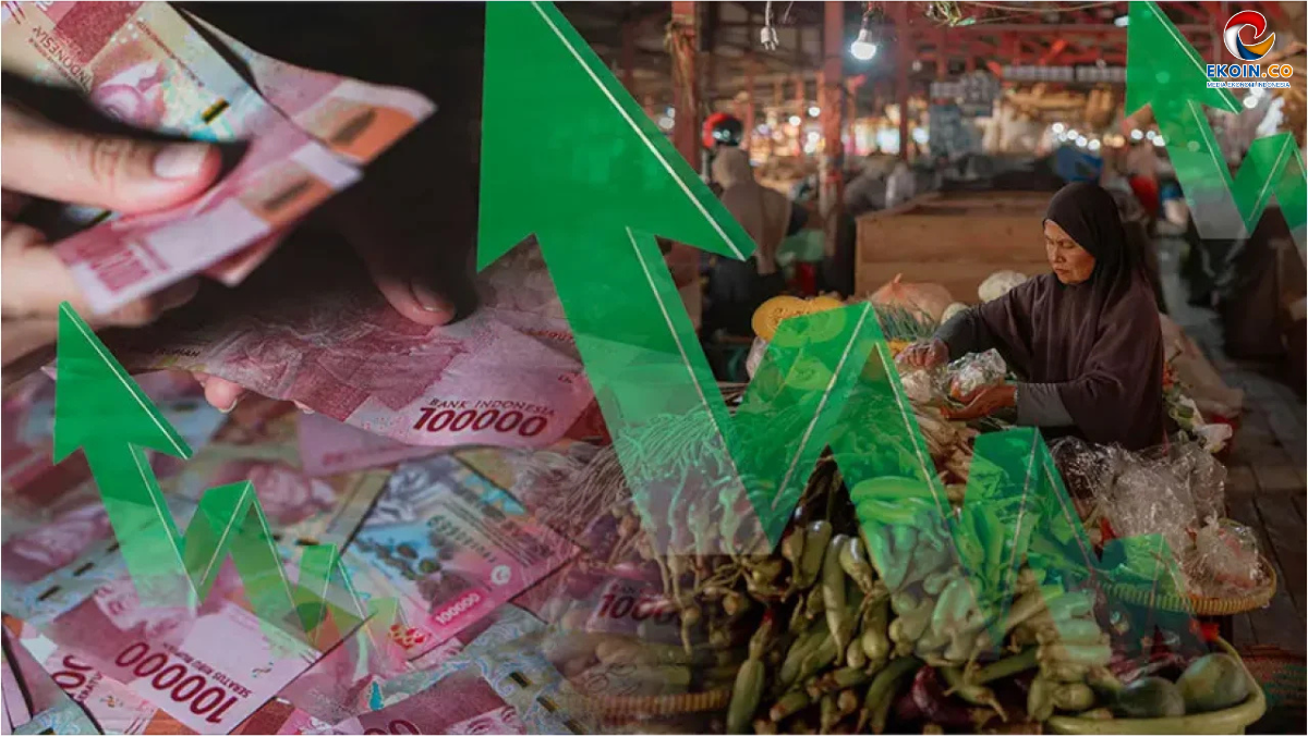 Market scene with a woman seller among produce, overlaid with green upward arrows and Indonesian rupiah notes, signaling economic growth.