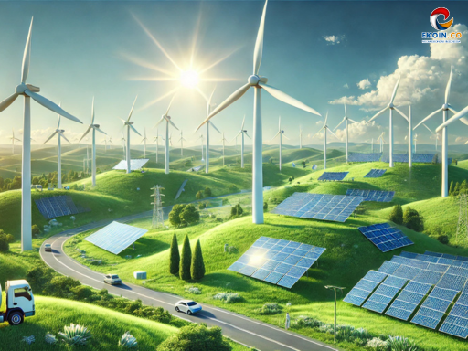 Green hills dotted with wind turbines and solar panels under a bright sun, representing a renewable energy landscape.